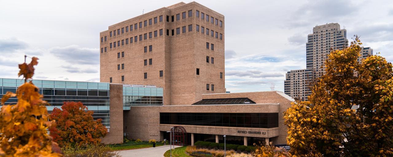 GVSU Eberhard Center with autumn leaves